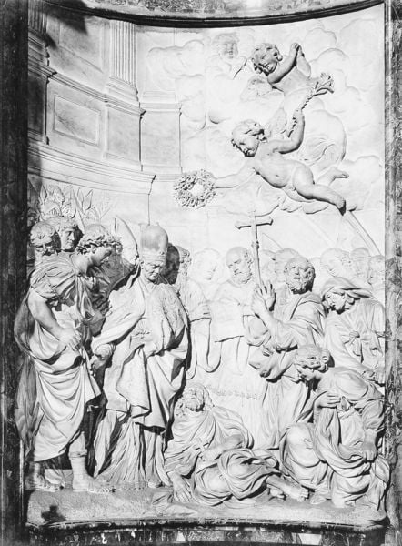 Der Tod des Hl. Alexius. by Giovan Francesco de Rossi. 1660–1669. Motifs recorded: kreuz, engel, relief, kranz, marmor, putten, menschen, papst.