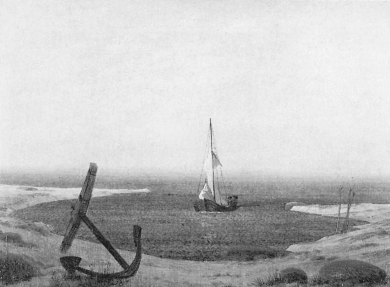 Abend. by Caspar David Friedrich. Motifs recorded: anker, segel, schiff, strand, boot, wasser, meer, himmel.