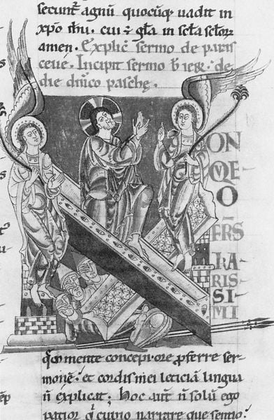 Hieronymus Briefe. 1100–1125. Motifs recorded: engel, auferstehung, latein, jesus, schrift, buchmalerei, christus, heiligenschein.