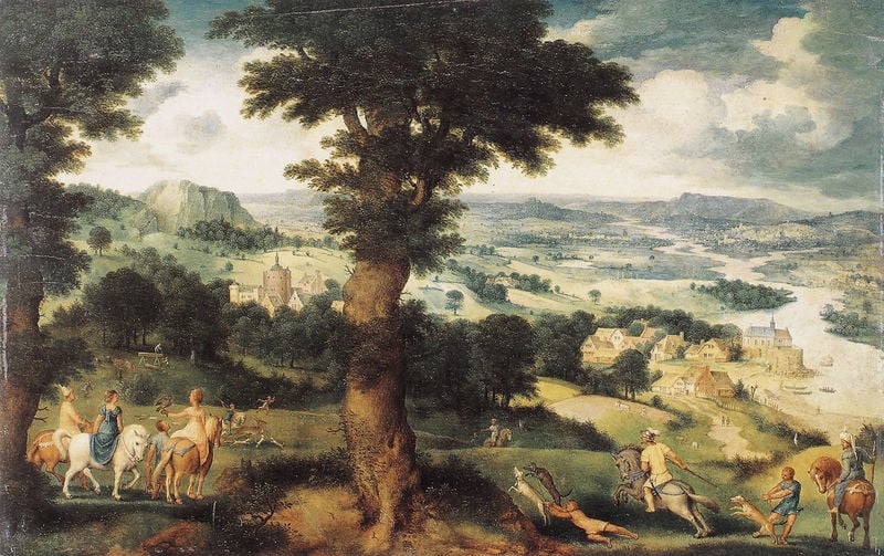 Landschaft mit Hirschjagd und Falkenbeize. by Cornelis Massys. 1555. Motifs recorded: reiter, pferde, baum, fluss, landschaft, berg, jagd, hund.