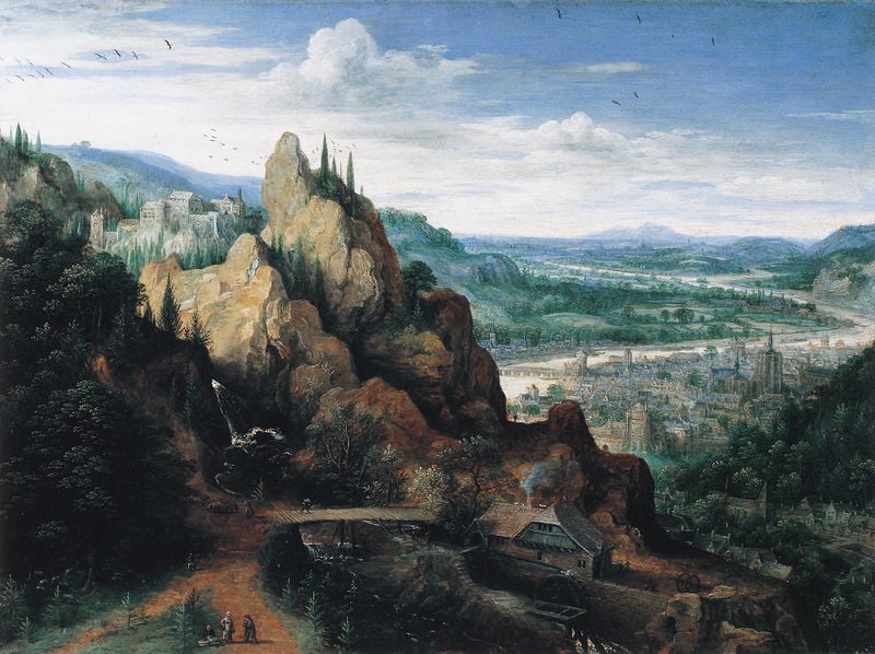 Gebirgige Landschaft mit Wasserfall und Mühle. by Lucas van Valckenborch. 1595. Motifs recorded: brücke, berg, landschaft, haus, fluss, felsen, stadt, wolken.