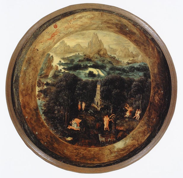 Das Irdische Paradies. by Herri met de Bles. 1541. Motifs recorded: engel, wald, adam, paradies, eva, berge, teller, turm.