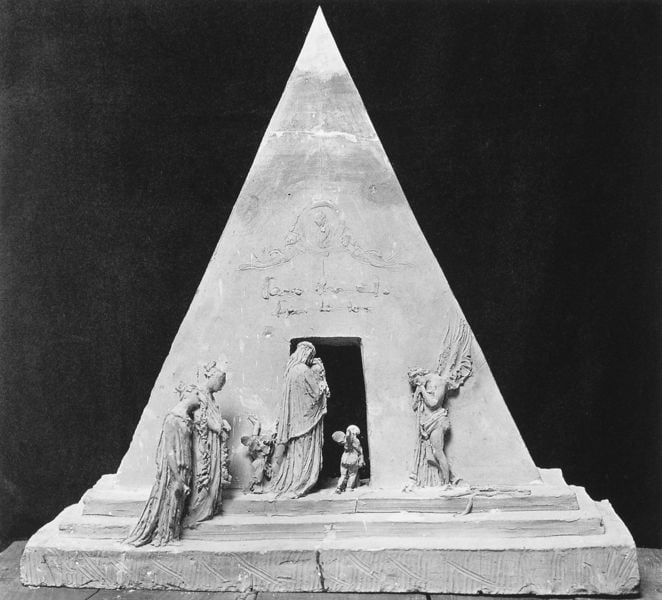4. Bozzetto für Tizian-Monument. by Antonio Canova. 1791–1795. Motifs recorded: pyramide, engel, eingang, dreieck, stufen, spitz, grabmal, figuren.