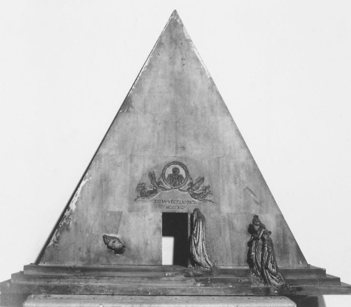 3. Bozzetto für ein Grabmal Tizians. by Antonio Canova. 1791–1795. Motifs recorded: pyramide, eingang, dreieck, schwarzweiß, tor, stufen, figuren, treppe.