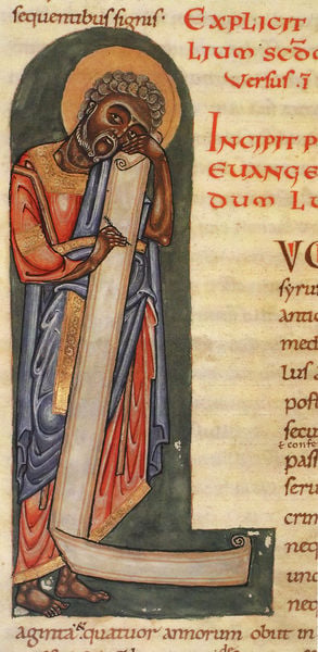 Bibel aus Stablo (Stavelot), Bd. 2. 1097–1098. Motifs recorded: schrift, gewand, heiligenschein, heiliger, bart, rot, latein, afrikaner.