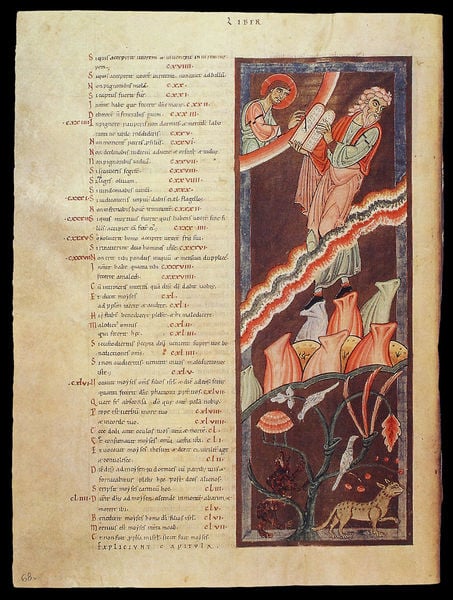 Admonter Riesenbibel. 1140–1160. Motifs recorded: seite, gott, schrift, bibel, bart, mann, moses, braun.