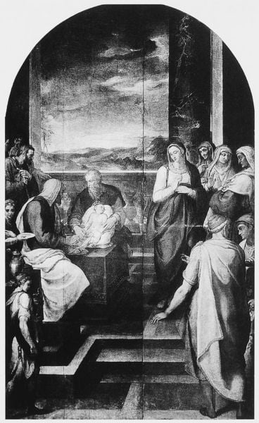 Beschneidung Christi. by Girolamo Muziano. 1587–1589. Motifs recorded: jesus, stufen, kind, maria, frauen, treppe, fenster, altar.