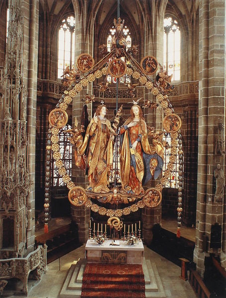 Englischer Gruß. by Veit Stoß. 1517–1518. Motifs recorded: kirche, altar, taube, maria, leuchter, fenster, rosenkranz, kreuz.