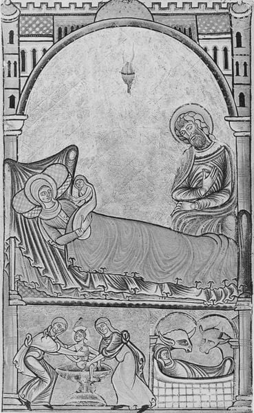 Acht Blätter von einem Psalter oder Evangeliar. 1175–1180. Motifs recorded: maria, krippe, jesus, waschen, christus, heilige familie, jesuskind, architecture.