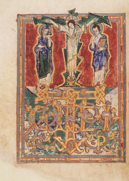 Abraham-Sakramentar, Freising. 980–990. Motifs recorded: kreuz, maria, rot, gold, johannes, jesus, kreuzigung, grün.