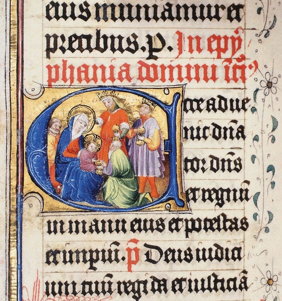 Hoya - Missale. by Meister des Zweder van Culemborg. 1420–1430. Motifs recorded: gold, jesuskind, initiale, maria, könige, a, schrift, anbetung.