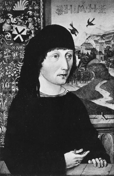 Bildnis des Levinus Memminger. by Michael Wolgemut. Motifs recorded: vögel, wappen, portrait, fenster, weg, landschaft, ring, mann.