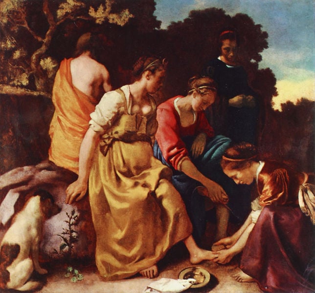 Bad der Diana. by Johannes Vermeer. 1654. Motifs recorded: frauen, hund, waschen, waschung, himmel, blau, gelb, care.