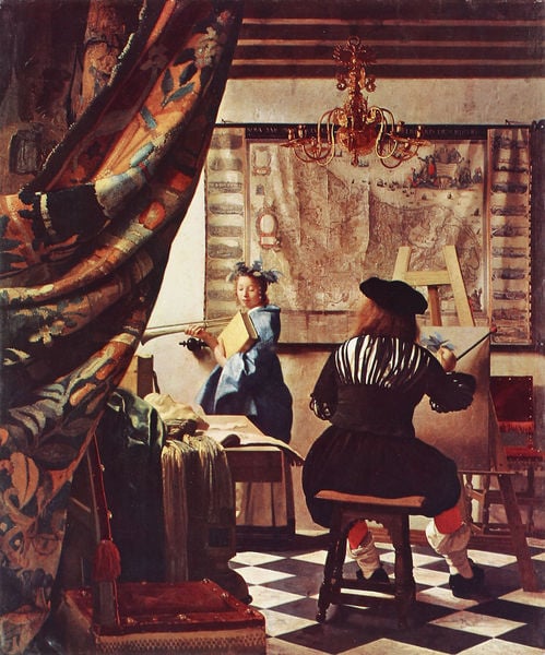 Allegorie der Malerei (Das Atelier). by Johannes Vermeer. 1665. Motifs recorded: maler, vorhang, buch, stuhl, frau, gemälde, atelier, blau.