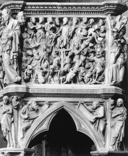 Kanzel. by Giovanni Pisano. 1297–1301. Motifs recorded: kreuz, relief, christus, gotisch, kanzel, männer, hochrelief, schriftrollen.