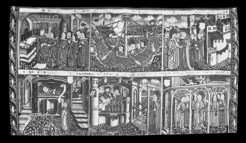Älterer Walburga Teppich. 1456–1465. Motifs recorded: schiff, geschichte, stadt, szenen, bischof, nonnen, pater, banner.