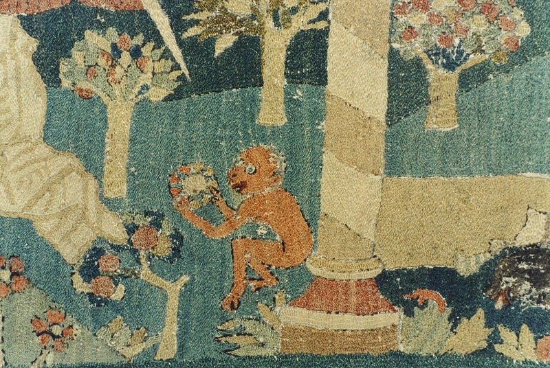 Bildvita Maria Magdalenas. 1480. Motifs recorded: affe, baum, säule, teppich, tapisserie, hand, früchte, bleu.
