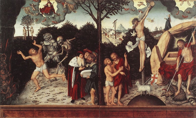 Allegorie auf Gesetz und Gnade. by Lukas Cranach. 1529. Motifs recorded: adam und eva, hölle, teufel, baum, lamm, tod, jesus, kreuzigung.
