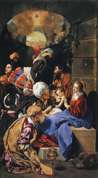 Die Anbetung der Könige. by Juan Bautista Maino. 1612–1613. Motifs recorded: turban, stern, rot, blau, kind, jesus, mohr, maria.
