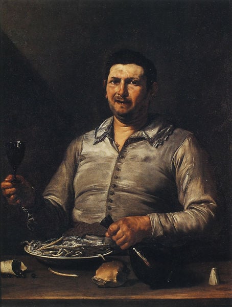 Der Geschmackssinn. by Jusepe de Ribera. 1616. Motifs recorded: essen, teller, mann, hemd, glas, nase, knöpfe, weinglas.