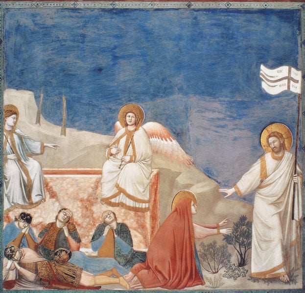 Arenakapelle / Scrovegni-Kapelle. by Giotto. 1302–1305. Motifs recorded: fahne, engel, blau, christus, jesus, flügel, schlafen, weiß.
