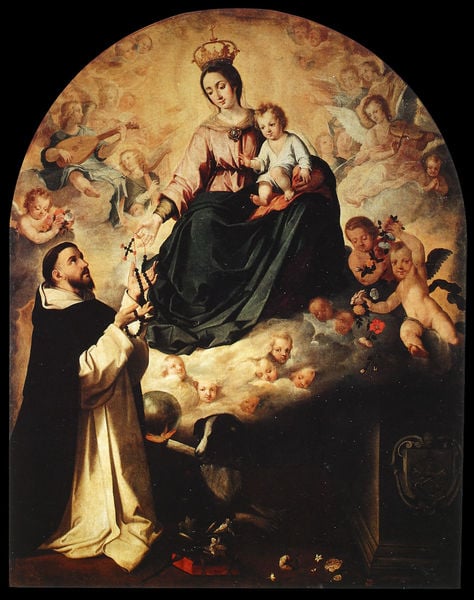 Die Hl. Jungfrau überreicht dem Hl. Dominik den Rosenkranz. by Bartolomé Esteban Murillo. 1638–1640. Motifs recorded: engel, krone, maria, kreuz, wolken, rosenkranz, jesus, mönch.