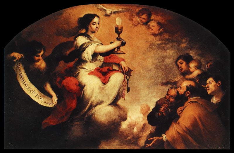Der Triumph des Abendmahls. by Bartolomé Esteban Murillo. 1662–1665. Motifs recorded: schlüssel, taube, frau, engel, licht, hostie, buch, gemälde.