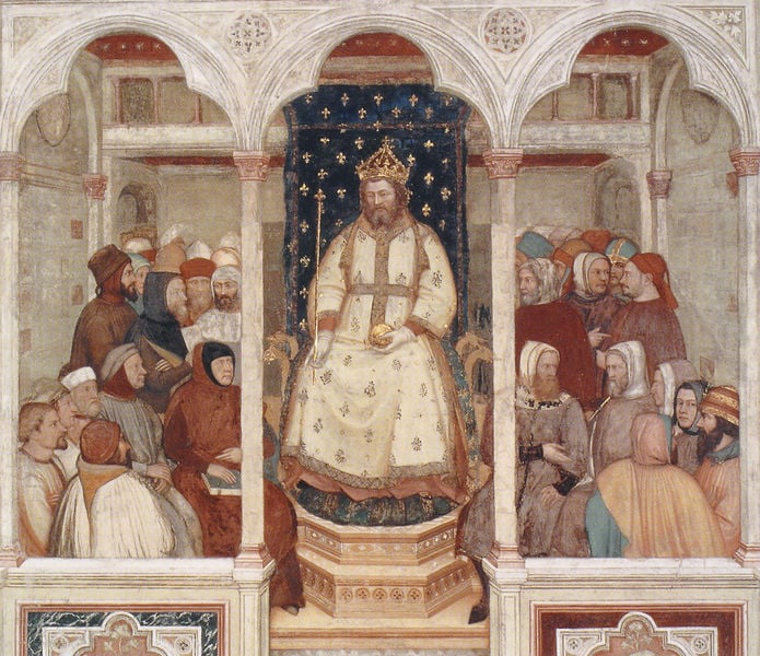 Cappella di S. Giacomo: Die Kreuzigung Christi. by Altichiero. 1379. Motifs recorded: könig, rundbogen, krone, zepter, reichsapfel, thron, menschen, männer.