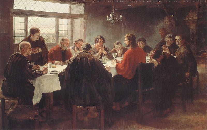 Abendmahl. by Fritz von Uhde. 1886. Motifs recorded: fenster, rot, abendmahl, leuchter, stühle, tisch, jesus, teller.