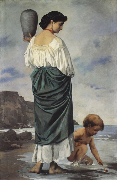Am Strande, Fischermädchen in Antium. by Anselm Feuerbach. 1870. Motifs recorded: kind, frau, meer, kette, strand, vase, küste, ohrring.