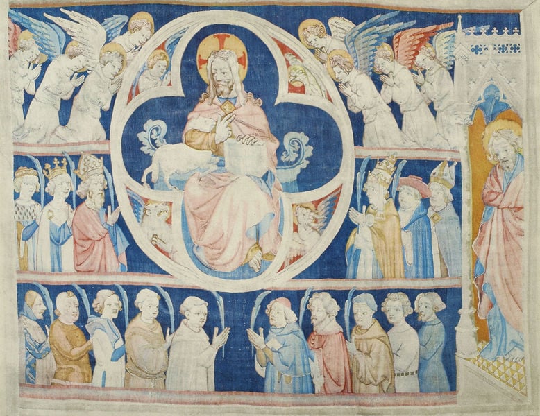 Die Apokalypse von Angers, Die sieben letzten Plagen. 1375–1380. Motifs recorded: engel, blau, lamm, bischof, christus, könig, papst, thron.