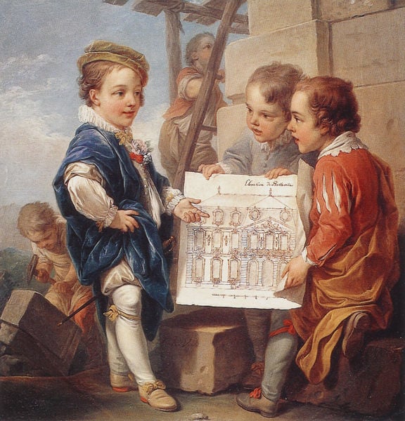 Allegorien der Künste. by Carle van Loo. 1752–1753. Motifs recorded: kinder, leiter, blau, architektur, plan, hammer, baustelle, gemälde.