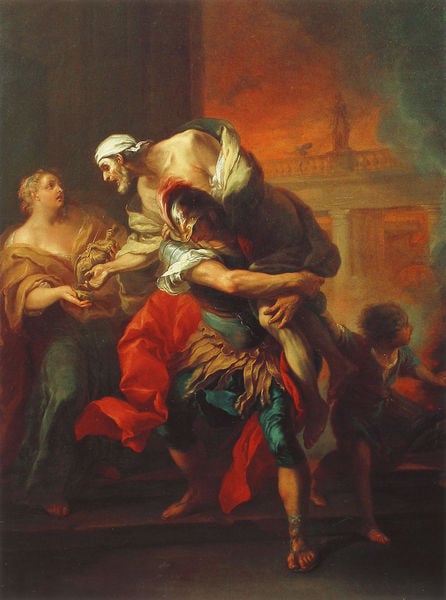 Aeneas trägt Anchises. by Carle van Loo. 1729. Motifs recorded: feuer, alter, stadt, rot, retten, brand, tragen, kind.