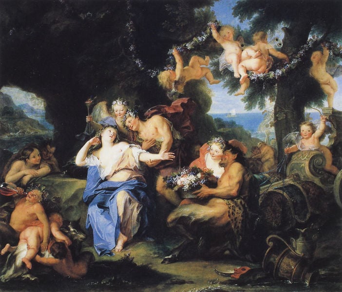 Bacchus und Ariane. by Antoine Coypel. 1693. Motifs recorded: girlande, blumen, anges, frau, putten, wasser, bacchus, gelage.