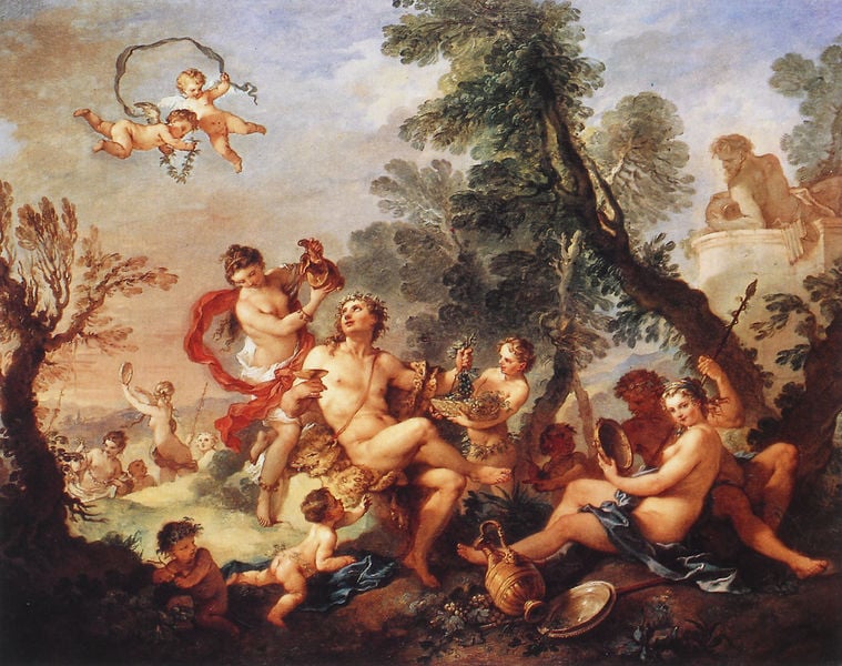 Bacchanal. by Charles Joseph Natoire. 1749. Motifs recorded: putten, krug, bäume, trauben, nackt, wein, engel, wasser.