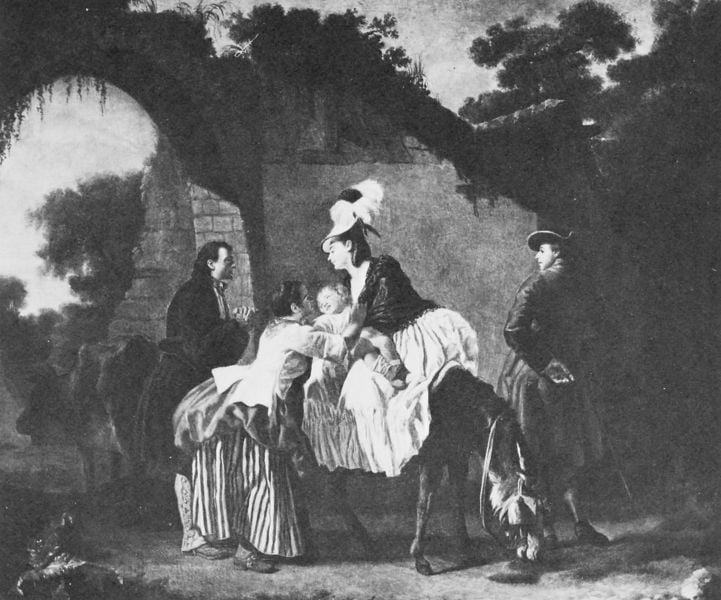 Abschied der Amme. by Etienne Aubry. 1777. Motifs recorded: hut, kind, himmel, weg, dame, landschaft, baum, esel.