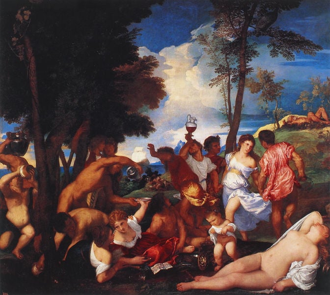 Bacchanal (“Die Andrier”). by Tiziano Vecellio. 1529. Motifs recorded: nackt, wein, baum, akt, fest, tizian, kind, bacchus.