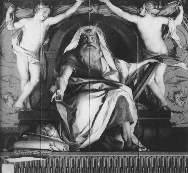 Allegorie auf das Museum Clementinum (überliefert durch: zeitgenössische Kopie). by Anton Raphael Mengs. 1761. Motifs recorded: moses, tuch, rollen, fingerzeig, strahlen, thron, hand, schriftrollen.