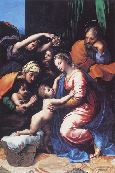 Heilige Familie, gen. Die große Heilige Familie Franz’ I.. by Raffaelo Santi. 1518. Motifs recorded: blau, maria, jesus, kind, blumen, rot, josef, wiege.