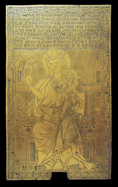 Ablaßtafel. 1290. Motifs recorded: krone, kind, jesus, text, heiligenschein, maria, turm, schrift.