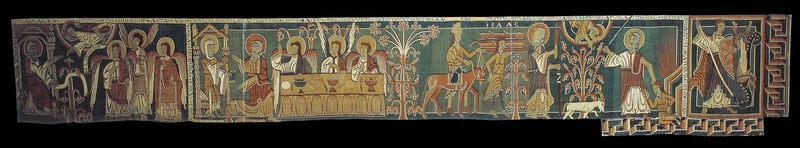 Abraham-Engel-Teppich. 1140–1160. Motifs recorded: engel, tisch, esel, heilige, teppich, heiligenschein, abendmahl, tafel.