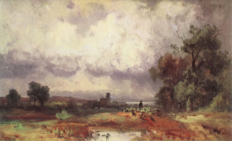 Abendlandschaft mit heimkehrendem Schäfer. by Eduard Schleich, der Ältere. 1875. Motifs recorded: wolken, landschaft, teich, bäume, kirche, gras, regen, gemälde.