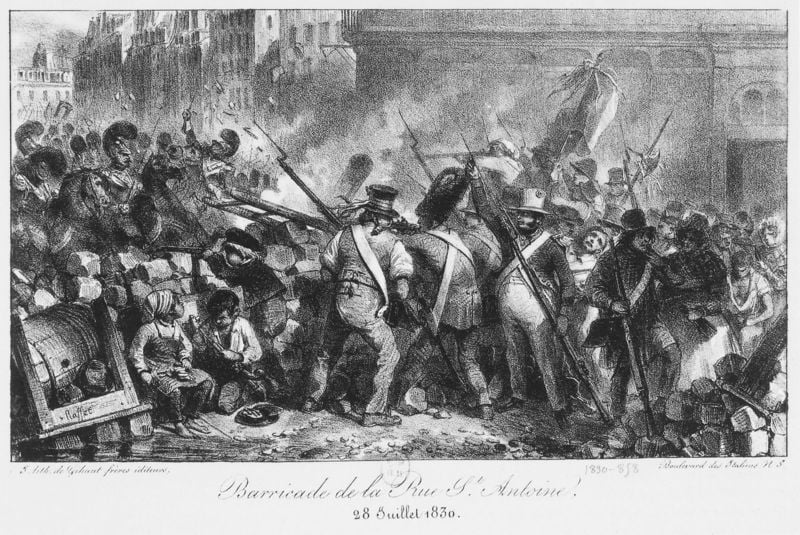 Barrikade in der Rue St. Antoine, 28. Juli 1830. by Auguste-Marie Raffet. 1830. Motifs recorded: kinder, kampf, waffen, schlacht, fass, juli, soldaten, uniform.