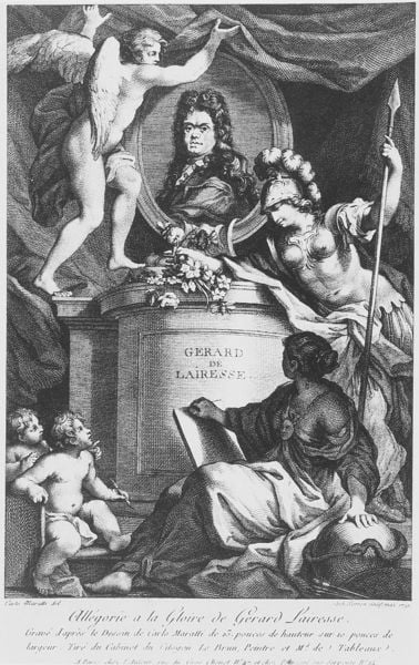 “Allegorie zum Ruhme des Gérard de Lairesse” publiziert  in “La Galerie des peintres flamands, hollondaise et allemands”. by Jean-Baptiste Lebrun. 1791. Motifs recorded: engel, frau, kugel, schlange, bild, blumen, helm, speer.