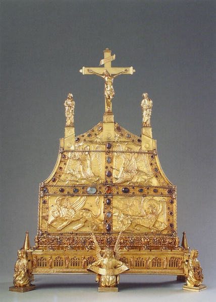 Bursenreliquiar (“Arche des Hl. Willibrord”). 1440–1470. Motifs recorded: engel, gold, kreuz, foto, edelsteine, figuren, löwe, markus.