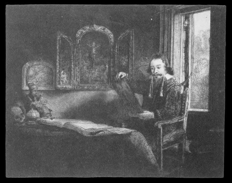 Abraham Francen. by Rembrandt. 1656. Motifs recorded: book, interior, window, Study room, chair, stuhl, collar, dark.