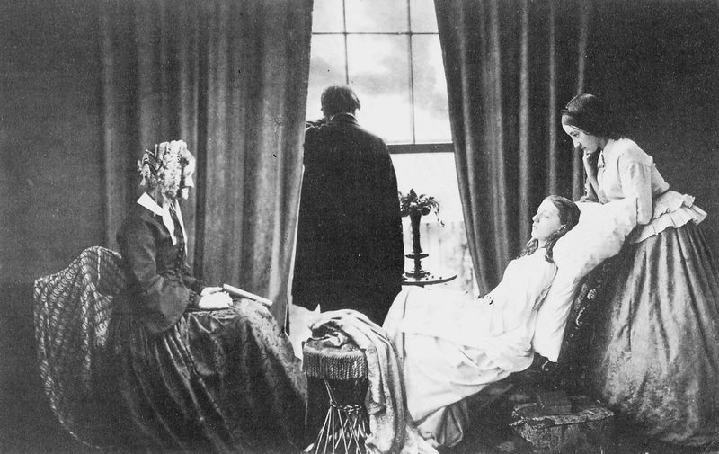 Dahinwelken. by Henry Peach Robinson. 1858. Motifs recorded: fenster, krank, frau, vorhang, foto, buch, tisch, mann.