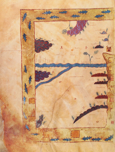 Beatus-Manuskript. by Magius. 950. Motifs recorded: fische, karte, fluss, seite, landkarte, flecken, zeichnung, pergament.