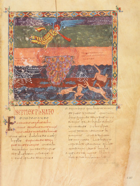 Beatus-Manuskript. by Magius. 950. Motifs recorded: engel, schrift, buchmalerei, bunt, menschen, wasser, gelb, initiale.