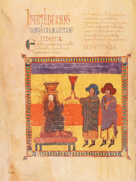 Beatus-Manuskript. by Magius. 950. Motifs recorded: thron, rahmen, buchmalerei, kelch, schrift, gelb, männer, geschenk.
